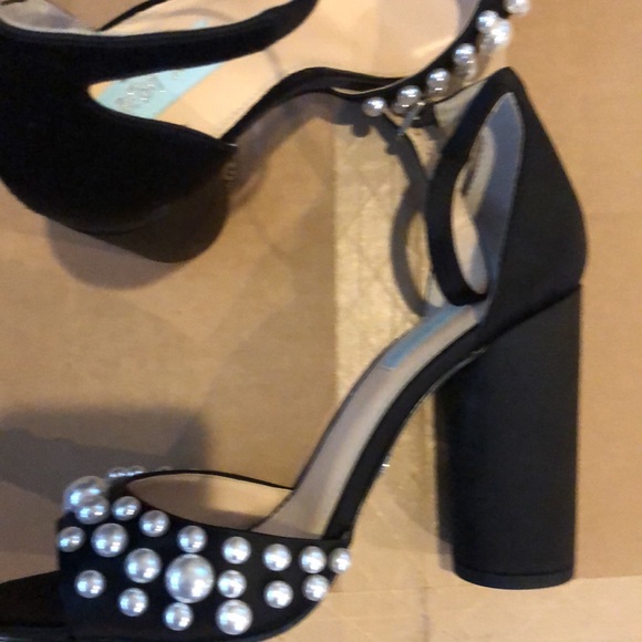 Blue by Betsey Johnson Black Satin Poppy Pearl Embellished Flat Sandals - Picture 4 of 4